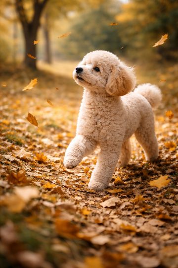 Poodle Walking Through Autumn Leaves Path Wallpaper