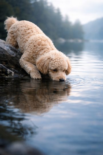 Poodle Drinking by Calm Blue Lake Reflection Wallpaper