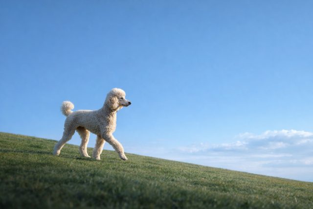 Poodle Walking Across Open Hillside Under Clear Sky Wallpaper