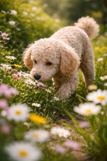 Poodle Sniffing Wildflowers in Bright Flower Field Wallpaper