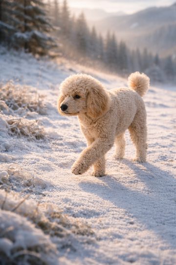 Poodle Walking in Frosty Morning Light Snow Wallpaper