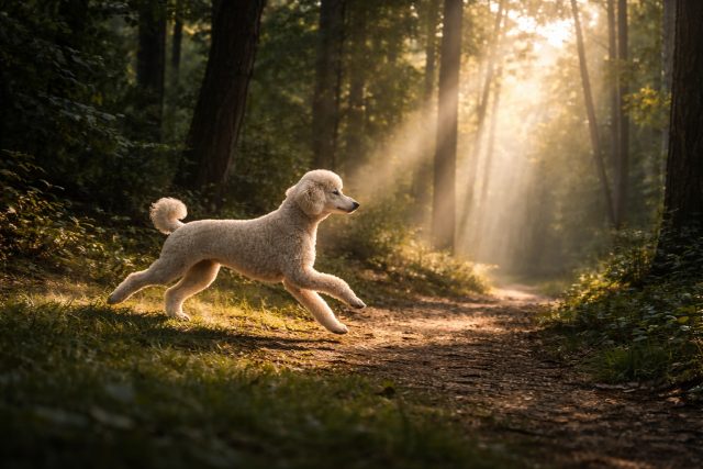 Poodle Running Through Forest Light Rays Wallpaper