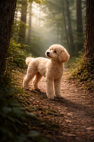Poodle Standing on Forest Path with Soft Depth Light Wallpaper