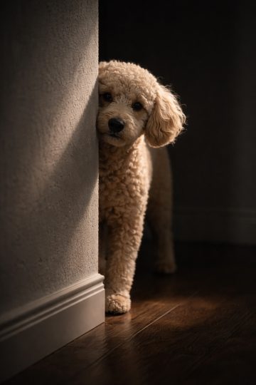 Poodle Peeking from Shadowed Corner Low Key Wallpaper