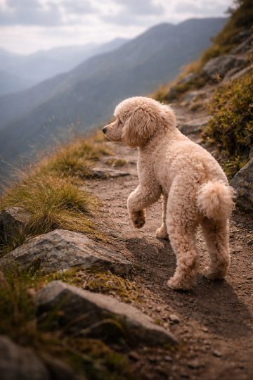 Poodle Walking Mountain Trail Overlooking Valley Wallpaper