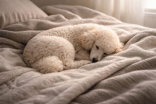 Poodle Curled Up on Neutral Fabric Bed Close-Up Wallpaper