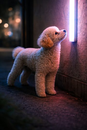 Poodle Standing by Neon Light in Night Urban Glow Wallpaper