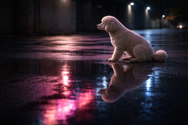 Poodle Sitting on Wet Street with Neon Reflection Wallpaper