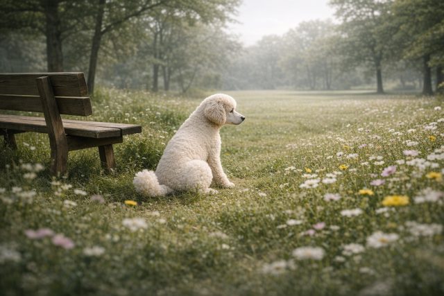 Poodle Sitting by Bench in Soft Overcast Park Wallpaper