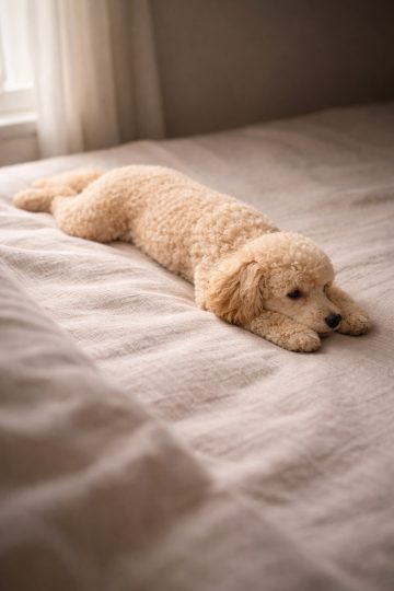 Poodle Resting on Soft Bed in Warm Indoor Light Wallpaper