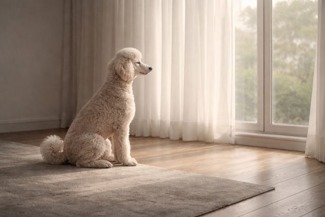 Poodle Sitting by Window in Calm Pastel Light Wallpaper