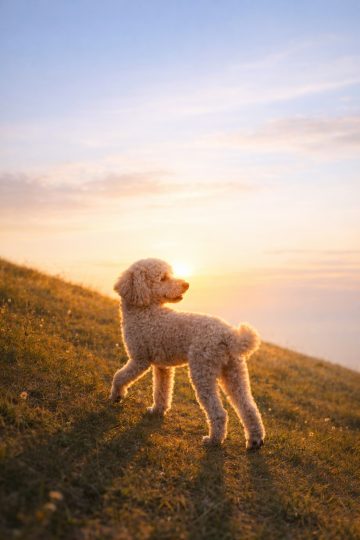 Poodle Standing in Sunset Glow on Hillside Wallpaper