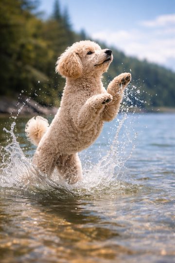 Poodle Jumping with Water Splash Action Wallpaper