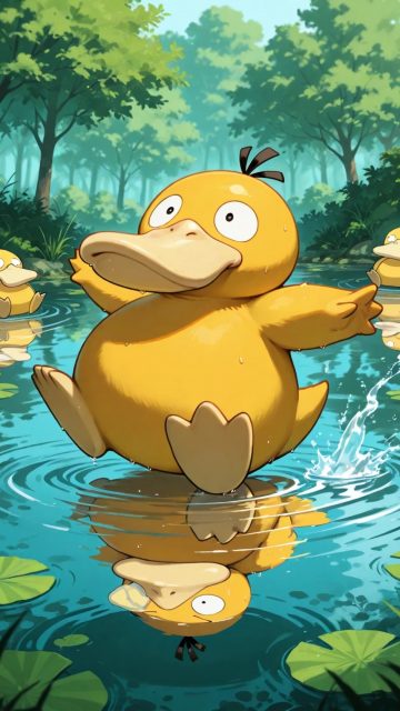 Psyduck Splashing in a Forest Pond Wallpaper