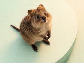 quokka standing on a rounded abstract platform with soft pastel green and cream gradient background