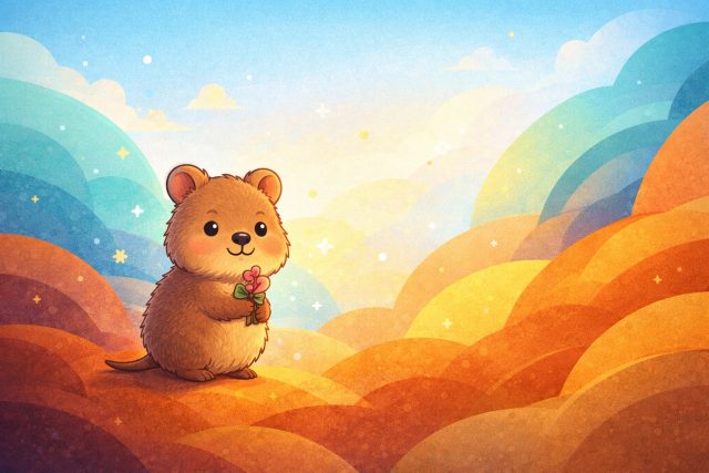 Cartoon Quokka Rainbow Hills Flower Wallpaper