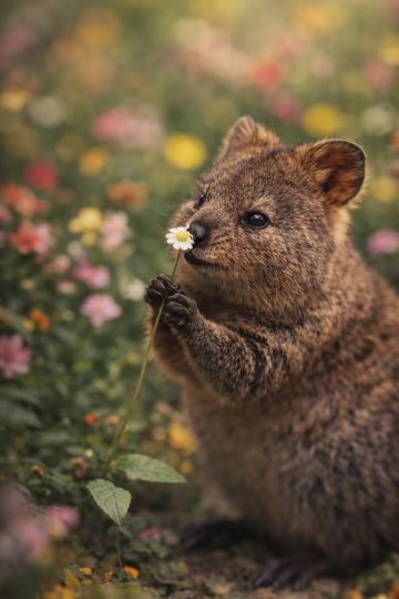 Quokka Holding Flower Close-Up Meadow Wallpaper