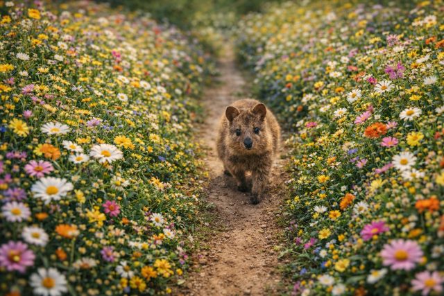 Quokka on Flower Meadow Path Wallpaper