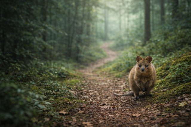 Quokka in Misty Forest Path Wallpaper