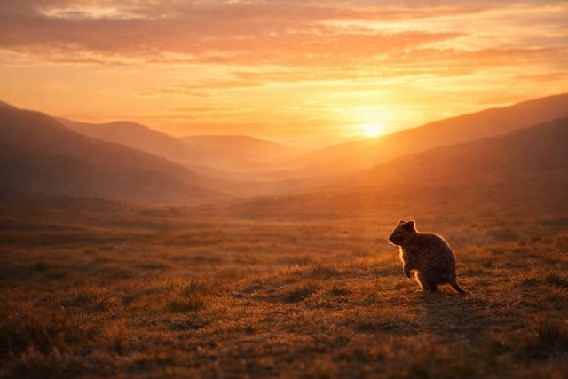 Quokka in Wide Mountain Sunset Landscape Wallpaper