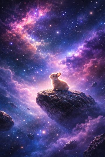 Rabbit Sitting on a Floating Rock in a Cosmic Nebula Wallpaper