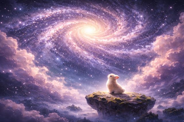 Rabbit on a Floating Island Beneath a Spiral Galaxy Wallpaper