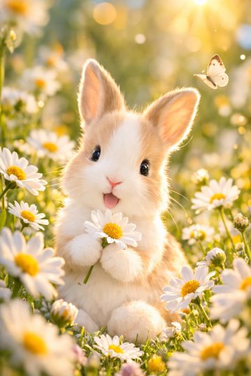 Cute Bunny Holding a Daisy in a Flower Field Wallpaper