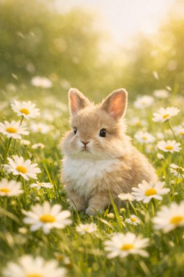 Cute Bunny Sitting in a Daisy Flower Meadow Wallpaper