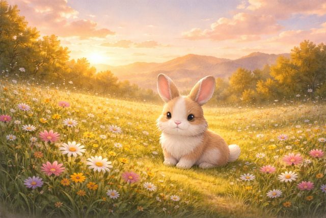 Bunny Sitting in a Sunset Wildflower Field Wallpaper