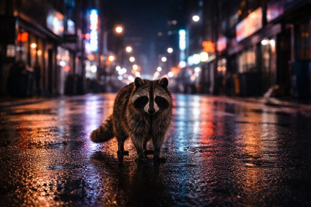 Raccoon Standing in City Street Night Bokeh Lights