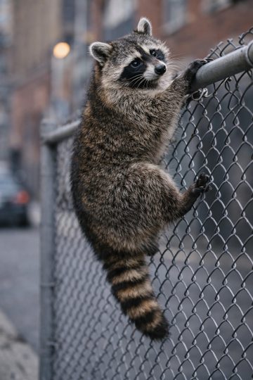 Raccoon Climbing Fence Urban Wildlife Wallpaper