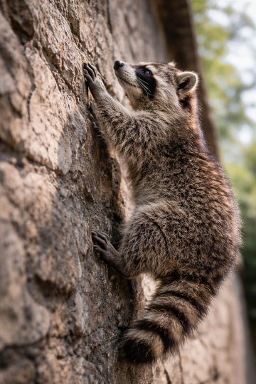 Raccoon Climbing Stone Wall Side View Wallpaper
