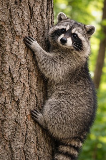 Raccoon Climbing Tree Trunk Close-Up Wildlife Wallpaper