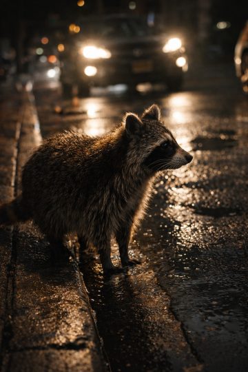 Raccoon by Curb with Car Headlights Night Scene