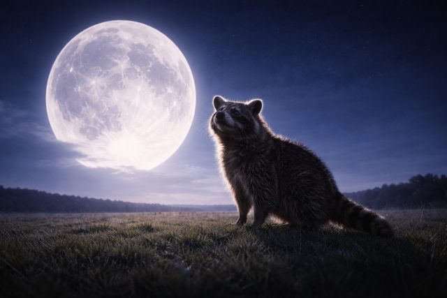 Raccoon in Field with Moonrise Wide Night Scene Wallpaper