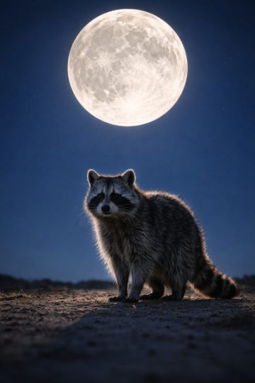 Raccoon Under Full Moon Low Angle Night Wallpaper