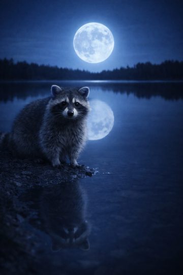 Raccoon and Full Moon Reflection Symmetry Wallpaper