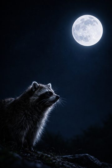 Raccoon Looking Up at Moon Night Sky Glow Wallpaper
