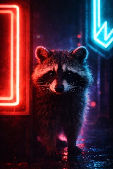 Raccoon in Neon Alley Red Blue Cyberpunk Night