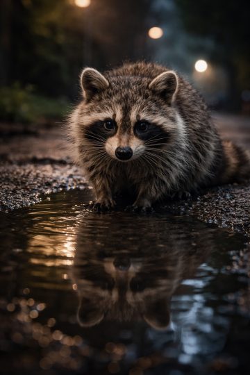 Raccoon with Reflection in Puddle Night Urban