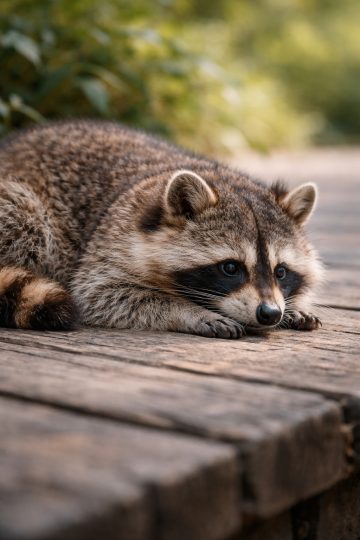 Raccoon Resting on Wooden Path Relaxed Daylight Wallpaper