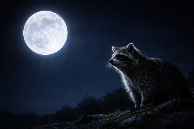 Raccoon on Rock in Moonlight Glow Night Wallpaper