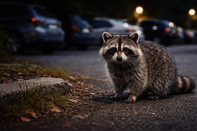 Raccoon on Sidewalk Parking Lot Night Scene