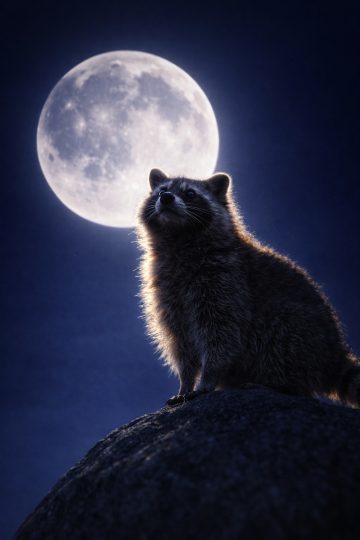 Raccoon Silhouette on Rock with Full Moon Backlight Wallpaper