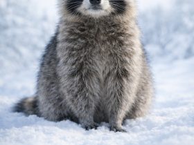 realistic raccoon sitting in snow front facing portrait soft diffused light winter background shallow depth of field fluffy fur detail