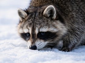 realistic raccoon close up sniffing snow detailed fur cold environment shallow depth of field soft light winter texture