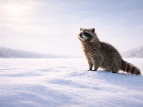 realistic raccoon sitting in wide snowy field soft horizon pastel sky minimal winter landscape calm atmosphere