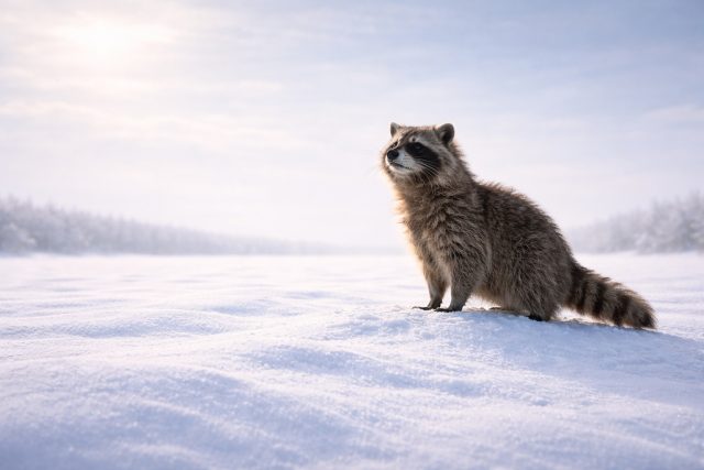 Raccoon in Snow Wide Landscape Soft Horizon