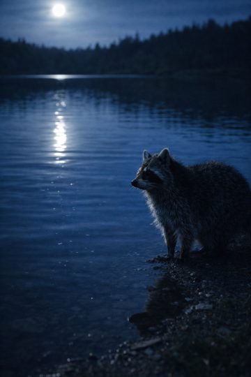 Raccoon by Lake Under Moonlight Reflection Night Wallpaper