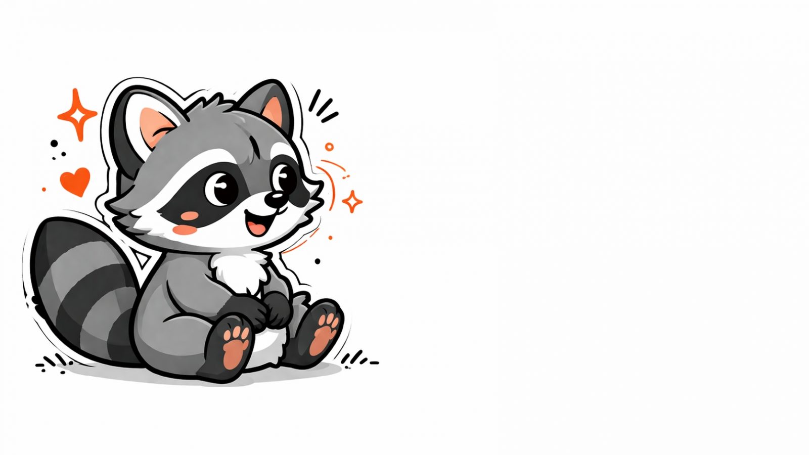cute raccoon sticker doodle sitting with blush cheeks small hearts and sparkles soft gray tones kawaii clean background
